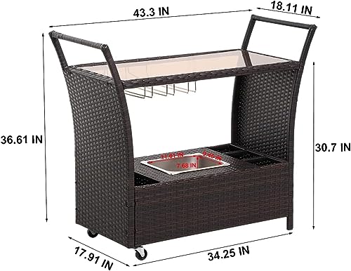 Seogwisam Outdoor Rolling Wicker Bar Cart,Rattan Serving Cart with Removable Ice Bucket,Glass Countertop,Goblet Wine Glass Holders and Storage Compartments, Wicker Bar Cart for Pool, Party, Backyard