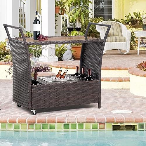 Seogwisam Outdoor Rolling Wicker Bar Cart,Rattan Serving Cart with Removable Ice Bucket,Glass Countertop,Goblet Wine Glass Holders and Storage Compartments, Wicker Bar Cart for Pool, Party, Backyard