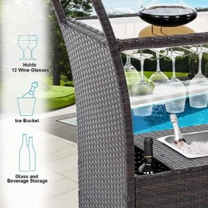 Seogwisam Outdoor Rolling Wicker Bar Cart,Rattan Serving Cart with Removable Ice Bucket,Glass Countertop,Goblet Wine Glass Holders and Storage Compartments, Wicker Bar Cart for Pool, Party, Backyard