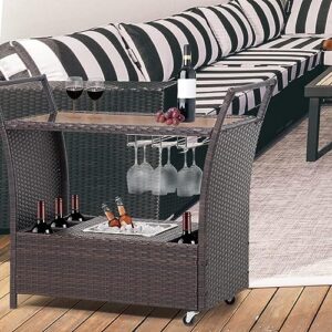 Seogwisam Outdoor Rolling Wicker Bar Cart,Rattan Serving Cart with Removable Ice Bucket,Glass Countertop,Goblet Wine Glass Holders and Storage Compartments, Wicker Bar Cart for Pool, Party, Backyard