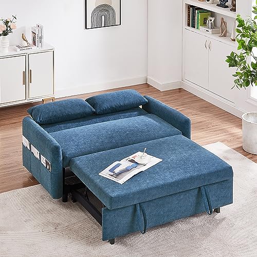 FANYE Loveseat Sofa with Pull Out Sleeper Couch Bed,2 Seater Sofa & Couch W/Adjustable Backrest Home Apartment Office Living Room Furniture Sets Sofabed, Twin Blue Microfiber W/Pillows, Pockets