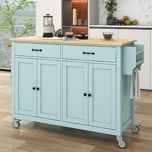 Kitchen Island Cart with Solid Wood Top/Locking Wheels/Adjustable Shelves,Multi-Functional Rolling Kitchen Cart with 4 Door Cabinet/2 Drawers/Spice Rack/Towel Rack for Dining Room(Mint Green)