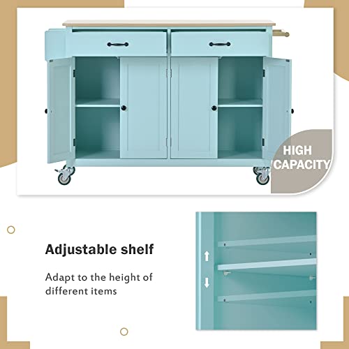 Kitchen Island Cart with Solid Wood Top/Locking Wheels/Adjustable Shelves,Multi-Functional Rolling Kitchen Cart with 4 Door Cabinet/2 Drawers/Spice Rack/Towel Rack for Dining Room(Mint Green)