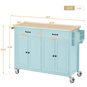 Kitchen Island Cart with Solid Wood Top/Locking Wheels/Adjustable Shelves,Multi-Functional Rolling Kitchen Cart with 4 Door Cabinet/2 Drawers/Spice Rack/Towel Rack for Dining Room(Mint Green)