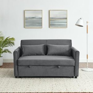 fanye foldable futon sofa loveseat convertible sleeper couch bed for small space apartment office living room furniture sets with 2, tufted back & seat sofabed, gray velvet bring side pockets, pillows