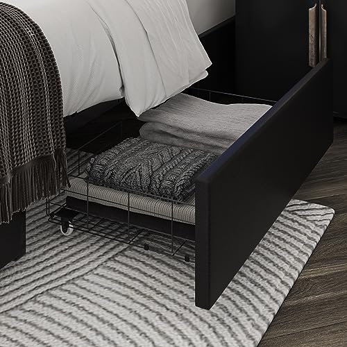 Keyluv Queen Bed Frame with RGB LED Lights Headboard & 2 Storage Drawers, Modern Upholstered Faux Leather Platform Bed with Iron Metal Decor, USB & USB-C Charging Ports, No Box Spring Needed, Black