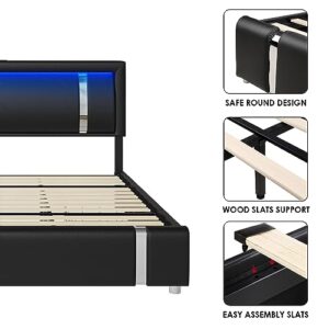 Keyluv Queen Bed Frame with RGB LED Lights Headboard & 2 Storage Drawers, Modern Upholstered Faux Leather Platform Bed with Iron Metal Decor, USB & USB-C Charging Ports, No Box Spring Needed, Black