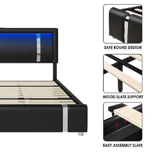 Keyluv Queen Bed Frame with RGB LED Lights Headboard & 2 Storage Drawers, Modern Upholstered Faux Leather Platform Bed with Iron Metal Decor, USB & USB-C Charging Ports, No Box Spring Needed, Black