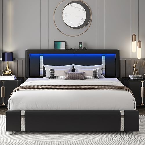 Keyluv Queen Bed Frame with RGB LED Lights Headboard & 2 Storage Drawers, Modern Upholstered Faux Leather Platform Bed with Iron Metal Decor, USB & USB-C Charging Ports, No Box Spring Needed, Black