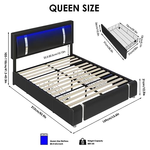 Keyluv Queen Bed Frame with RGB LED Lights Headboard & 2 Storage Drawers, Modern Upholstered Faux Leather Platform Bed with Iron Metal Decor, USB & USB-C Charging Ports, No Box Spring Needed, Black