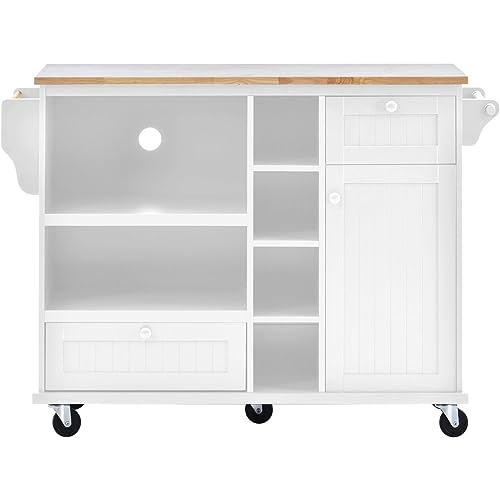 APATEN Rolling Kitchen Island Table on Wheels - Multifunctional Storage Cabinet with Drawer, Spice,Towel Rack and Microwave Cabinet - Versatile Kitchen Cart Sideboard(51 inch-White)