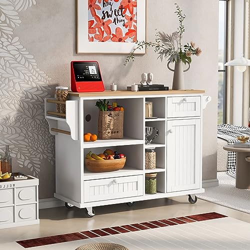 APATEN Rolling Kitchen Island Table on Wheels - Multifunctional Storage Cabinet with Drawer, Spice,Towel Rack and Microwave Cabinet - Versatile Kitchen Cart Sideboard(51 inch-White)