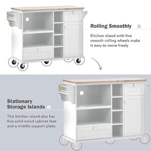 APATEN Rolling Kitchen Island Table on Wheels - Multifunctional Storage Cabinet with Drawer, Spice,Towel Rack and Microwave Cabinet - Versatile Kitchen Cart Sideboard(51 inch-White)