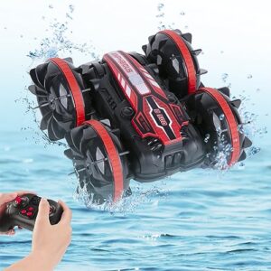 berry president amphibious rc car, 2.4ghz off-road stunt truck, all terrain 4wd remote control toy, land water vehicle with 360° rotation for kids (red)