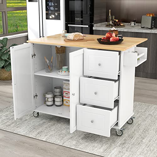 OPTOUGH Rolling Mobile Kitchen Island with Locking Wheels,Storage Cabinet and Drop Leaf Breakfast Bar, Kitchen Cart for Home w/Spice Rack,Towel Rack & Drawer,White