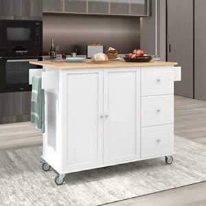 OPTOUGH Rolling Mobile Kitchen Island with Locking Wheels,Storage Cabinet and Drop Leaf Breakfast Bar, Kitchen Cart for Home w/Spice Rack,Towel Rack & Drawer,White