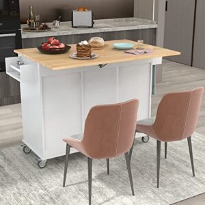 OPTOUGH Rolling Mobile Kitchen Island with Locking Wheels,Storage Cabinet and Drop Leaf Breakfast Bar, Kitchen Cart for Home w/Spice Rack,Towel Rack & Drawer,White