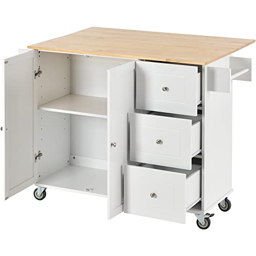 OPTOUGH Rolling Mobile Kitchen Island with Locking Wheels,Storage Cabinet and Drop Leaf Breakfast Bar, Kitchen Cart for Home w/Spice Rack,Towel Rack & Drawer,White