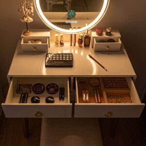 KOTEK Vanity Desk with Touch-Screen Mirror, 3 Lighting Modes, Bluetooth Speakers, Dressing Table with 4 Drawers & Cushioned Stool, Makeup Vanity Table Set for Bedroom Small Space, White