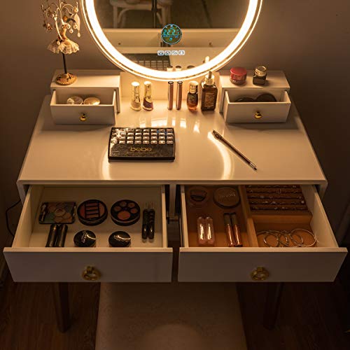 KOTEK Vanity Desk with Touch-Screen Mirror, 3 Lighting Modes, Bluetooth Speakers, Dressing Table with 4 Drawers & Cushioned Stool, Makeup Vanity Table Set for Bedroom Small Space, White