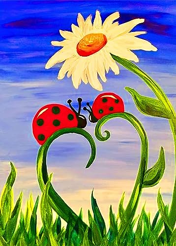 Stamped Cross Stitch Kits for Adults Beginners Flower Daisy Cute Red Ladybug Pattern 11CT Pre-Printed Fabric Embroidery Arts and Crafts Kit Needlepoint Starter DIY Wall Decor 16 x 20 inch