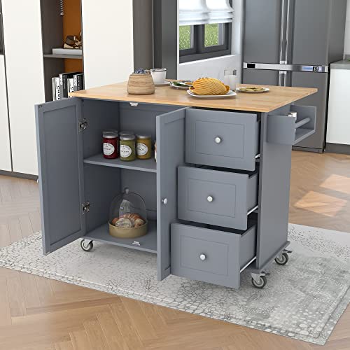 OPTOUGH Rolling Mobile Kitchen Island with Locking Wheels,Storage Cabinet and Drop Leaf Breakfast Bar, Kitchen Cart for Home w/Spice Rack,Towel Rack & Drawer,Grey Blue