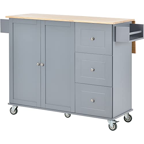 OPTOUGH Rolling Mobile Kitchen Island with Locking Wheels,Storage Cabinet and Drop Leaf Breakfast Bar, Kitchen Cart for Home w/Spice Rack,Towel Rack & Drawer,Grey Blue