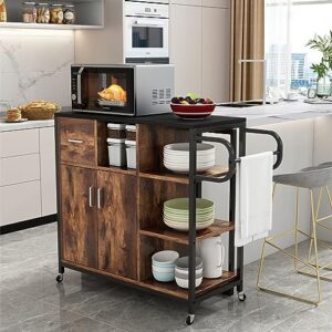 lamerge kitchen island with storage, rolling kitchen cart on swivel wheels, kitchen storage cabinet with 3 open shelves and drawer, island table for kitchen bar, rustic brown