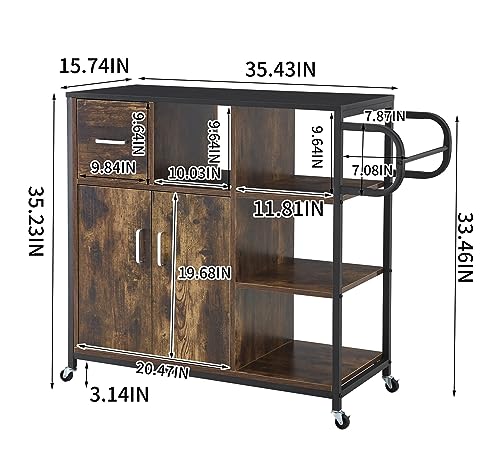 Lamerge Kitchen Island with Storage, Rolling Kitchen Cart on Swivel Wheels, Kitchen Storage Cabinet with 3 Open Shelves and Drawer, Island Table for Kitchen Bar, Rustic Brown