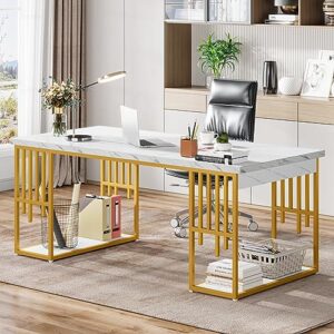 Tribesigns 70.9" Dining Table for 6-8, Long Modern Kitchen Table with Storage, Large Rectangular Dinner Table for Kitchen, Dining & Living Room, White Faux Marble Top & Gold Metal Frame, Easy Assembly