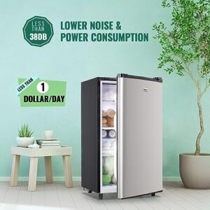 WANAI Mini Fridge with Freezer 3.2 Cu.ft Single Door Small Refrigerator with 5 Temp Adjustable Control Silver Freestanding Compact Refrigerator Energy-efficient, for Home Kitchen Apartment Dorm Office