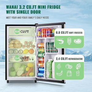 WANAI Mini Fridge with Freezer 3.2 Cu.ft Single Door Small Refrigerator with 5 Temp Adjustable Control Silver Freestanding Compact Refrigerator Energy-efficient, for Home Kitchen Apartment Dorm Office