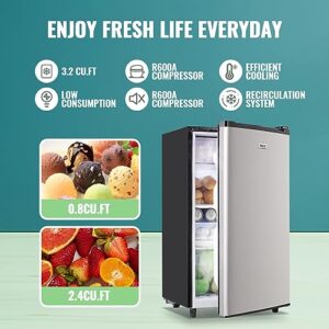 WANAI Mini Fridge with Freezer 3.2 Cu.ft Single Door Small Refrigerator with 5 Temp Adjustable Control Silver Freestanding Compact Refrigerator Energy-efficient, for Home Kitchen Apartment Dorm Office