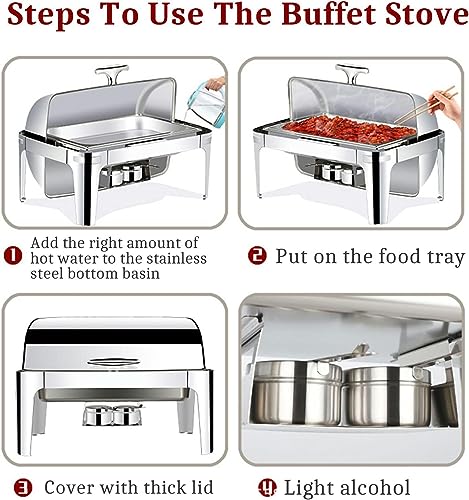 Chafing Dish Set, 9L Stainless Steel Buffet Trays Food Server with Fully Retractable Roll Top Lid, for Restaurant Catering Parties Weddings Picnics,Invisible