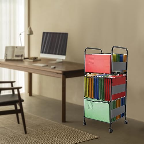 awolsrgiop 3 Tiers Metal Rolling File Carts on Wheels, Rolling File Cart Pull-Out Adjustable File Rack Organizer Rolling Movable Drawer File Cabinet for Home, Office, Classroom, Study, Bedroom (Black)
