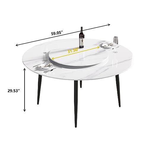 59" Modern Round Dining Table with 31.5" Detachable Lazy Susan, Sintered Stone Marble Dining Room Table with Metal Leg, Round Shape Restaurant Kitchen Table for 6-8 People, Table Only