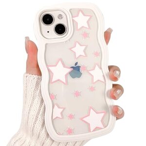 nititop compatible for iphone 13/ iphone 14 case cute pink stars curly wave frame shape shockproof soft tpu 2 in 1 phone cover for women girl-white pink star