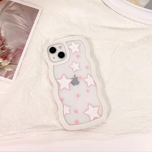 NITITOP Compatible for iPhone 13/ iPhone 14 Case Cute Pink Stars Curly Wave Frame Shape Shockproof Soft TPU 2 in 1 Phone Cover for Women Girl-White Pink Star