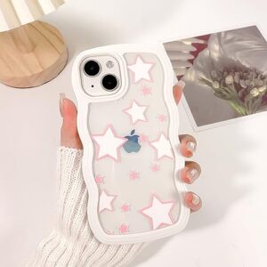 NITITOP Compatible for iPhone 13/ iPhone 14 Case Cute Pink Stars Curly Wave Frame Shape Shockproof Soft TPU 2 in 1 Phone Cover for Women Girl-White Pink Star