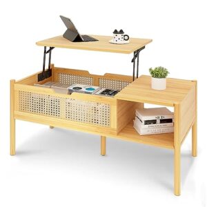 mixtavie bamboo and rattan lifting coffee table, coffee table with two storage spaces and adjustable storage shelf, lift tabletop dining table for office, living room