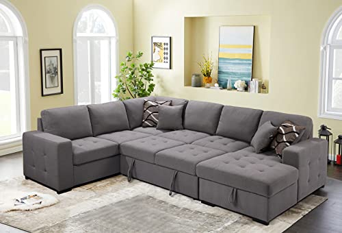 123" U-Shaped Polyester Sectional Sofa with Pull Out Sleeper Couch Bed & Storage Chaise, Oversized Functional Sofa & Couch Convertible Sofabed w/4 Pillows for Home Apartment Living Room Furniture Set