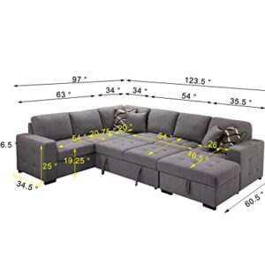 123" U-Shaped Polyester Sectional Sofa with Pull Out Sleeper Couch Bed & Storage Chaise, Oversized Functional Sofa & Couch Convertible Sofabed w/4 Pillows for Home Apartment Living Room Furniture Set