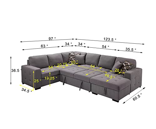 123" U-Shaped Polyester Sectional Sofa with Pull Out Sleeper Couch Bed & Storage Chaise, Oversized Functional Sofa & Couch Convertible Sofabed w/4 Pillows for Home Apartment Living Room Furniture Set