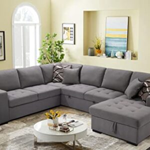 123" U-Shaped Polyester Sectional Sofa with Pull Out Sleeper Couch Bed & Storage Chaise, Oversized Functional Sofa & Couch Convertible Sofabed w/4 Pillows for Home Apartment Living Room Furniture Set