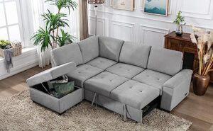 l-shaped corner sleeper sectional sofa w/ pull out cozy sleep couch bed, modern practical sectional & sofa with storage ottoman ,hidden arm storage and usb charge for home apartment living room sets