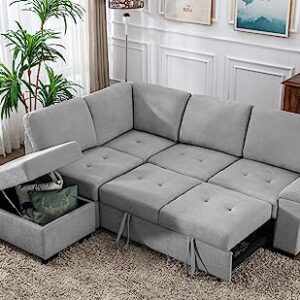 L-Shaped Corner Sleeper Sectional Sofa W/ Pull Out Cozy Sleep Couch Bed, Modern Practical Sectional & Sofa with Storage Ottoman ,Hidden Arm Storage and USB Charge for Home Apartment Living Room Sets