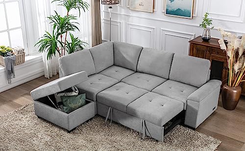 L-Shaped Corner Sleeper Sectional Sofa W/ Pull Out Cozy Sleep Couch Bed, Modern Practical Sectional & Sofa with Storage Ottoman ,Hidden Arm Storage and USB Charge for Home Apartment Living Room Sets