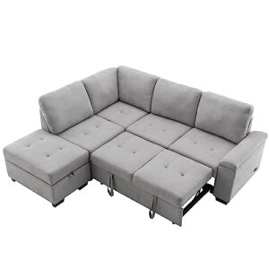 L-Shaped Corner Sleeper Sectional Sofa W/ Pull Out Cozy Sleep Couch Bed, Modern Practical Sectional & Sofa with Storage Ottoman ,Hidden Arm Storage and USB Charge for Home Apartment Living Room Sets