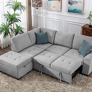 L-Shaped Corner Sleeper Sectional Sofa W/ Pull Out Cozy Sleep Couch Bed, Modern Practical Sectional & Sofa with Storage Ottoman ,Hidden Arm Storage and USB Charge for Home Apartment Living Room Sets