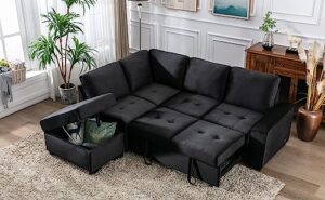 l-shaped corner sleeper sectional sofa w/ pull out cozy sleep couch bed, modern practical sectional & sofa with storage ottoman ,hidden arm storage and usb charge for home apartment living room sets